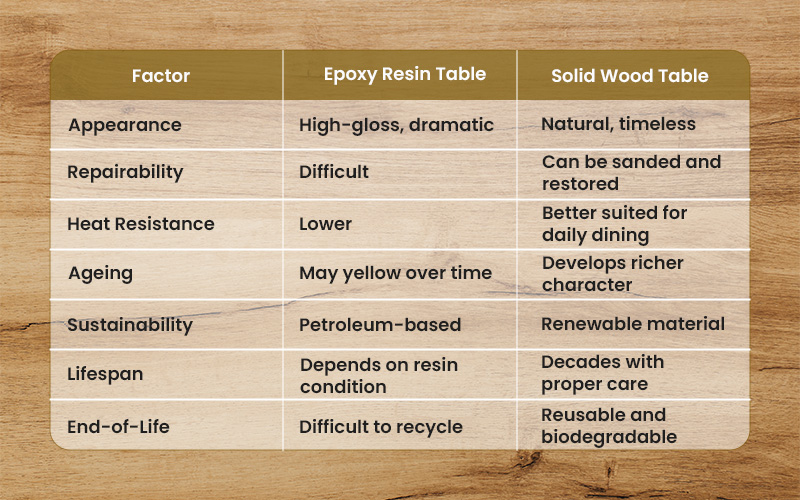 Comparison chart: epoxy resin vs solid wood tables.